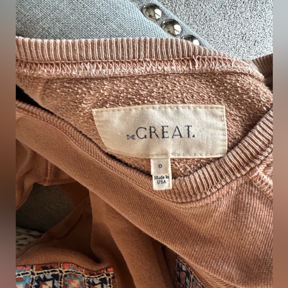 The GREAT. Shrunken Sweatshirt Patchwork Appliqués Crew Neck Sand Size 0 XS/2 - Picture 6 of 12